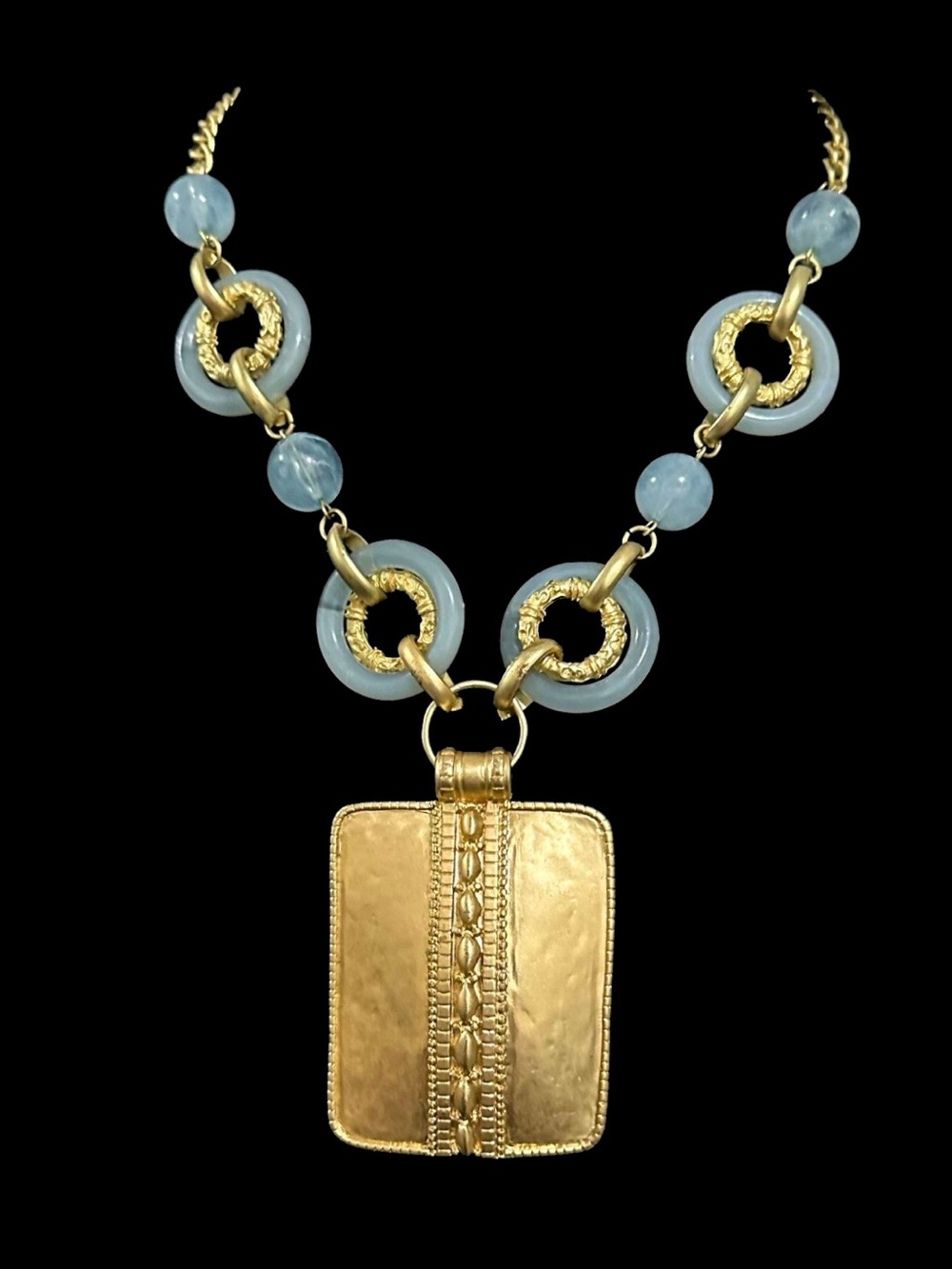 Gold Pendant Necklace with Light Blue Beads - Women Jewelry